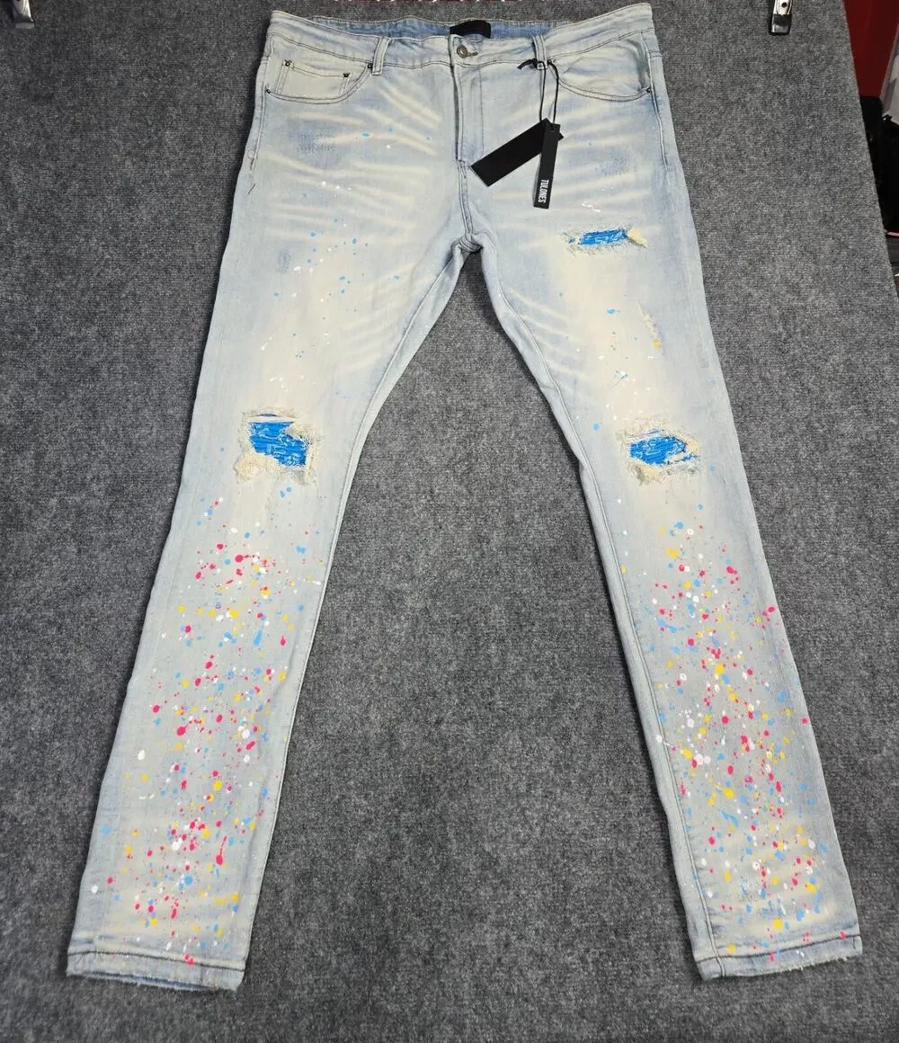 Tulones Jeans Mens 44x33 Distressed Skinny Paint Splatter Denim Stretch Hip Hop